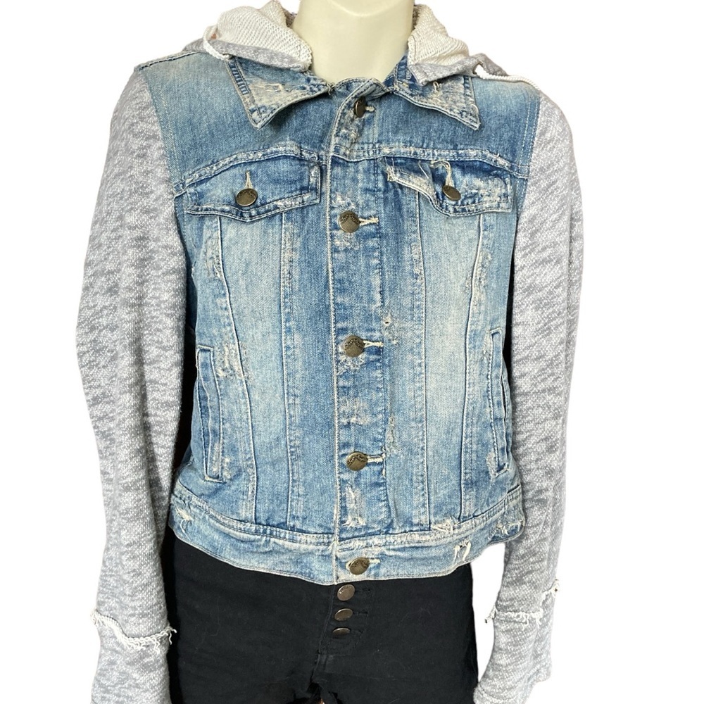 Free People Cropped Knit & Denim Hooded Jacket Size Small - Picture 1 of 6